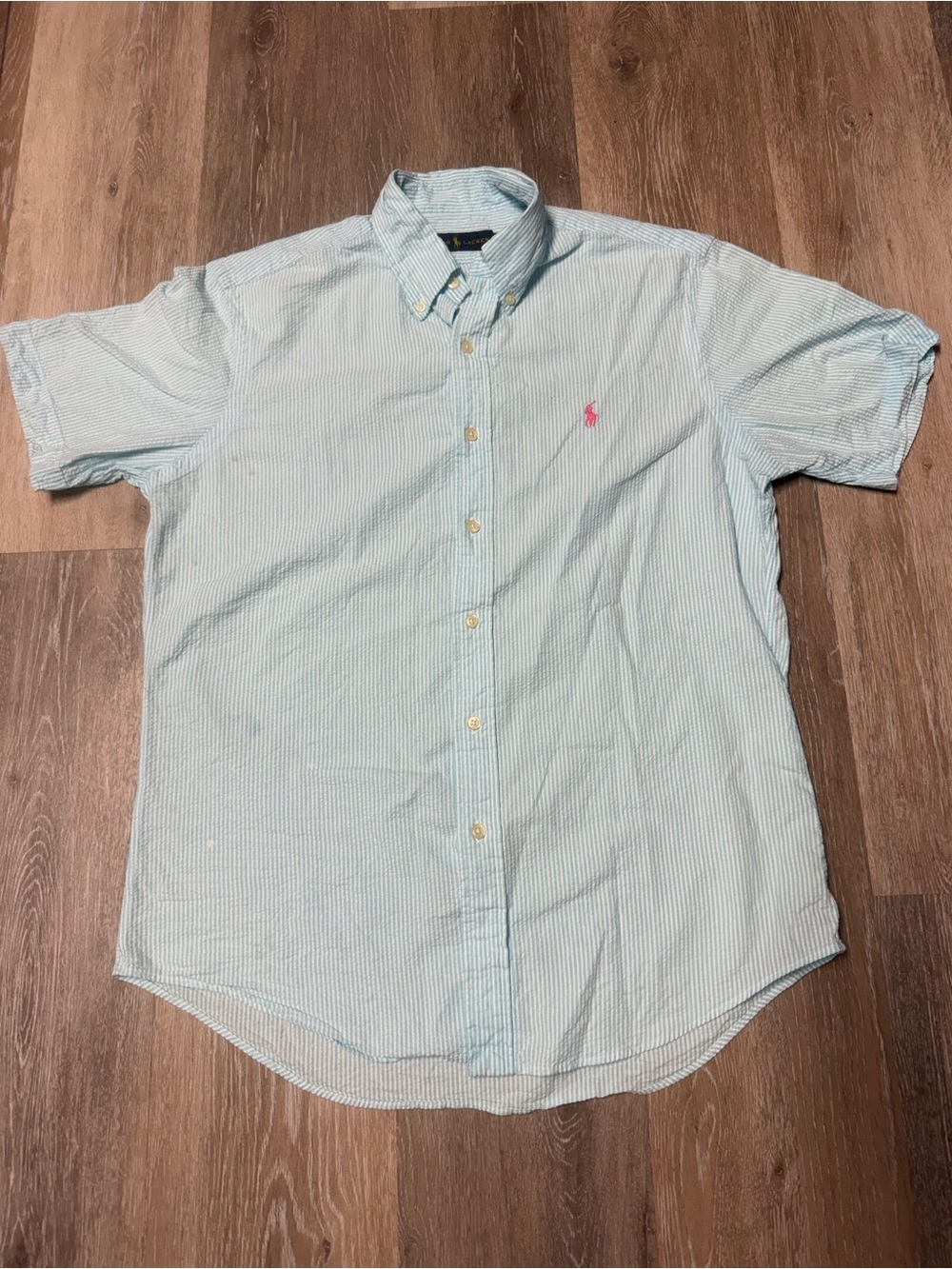 Ralph Lauren Mens Medium Light Blue Stripe Seersucker Short Sleeve Shirt